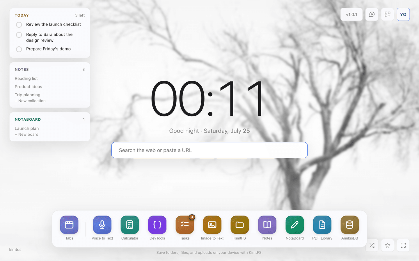 A KimtOS new tab: a large clock, a search bar, and a dock of app icons over a light wallpaper.