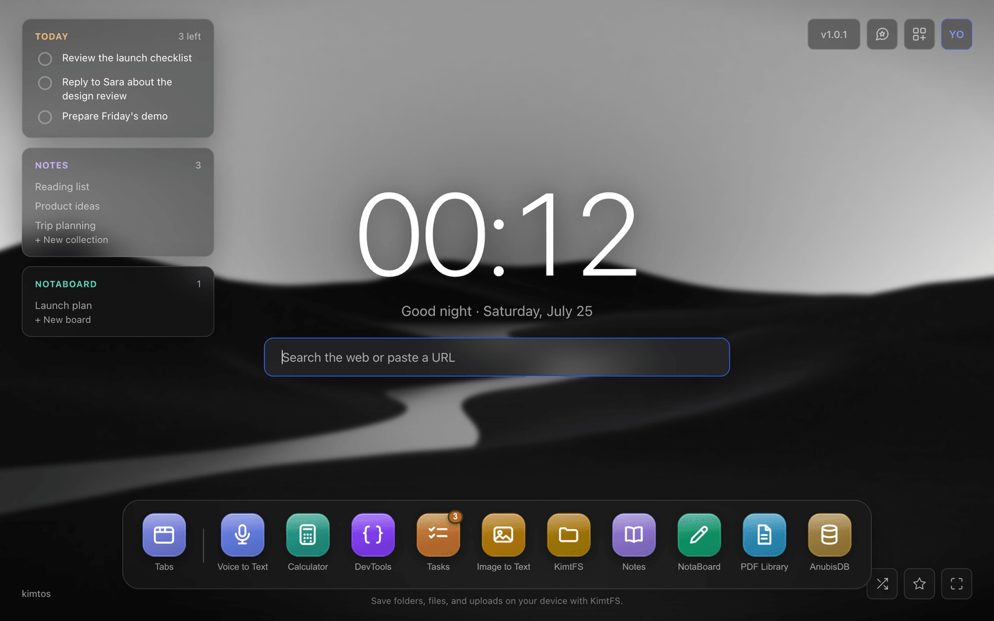 A KimtOS new tab: a large clock, a search bar, and a dock of app icons over a dark wallpaper.